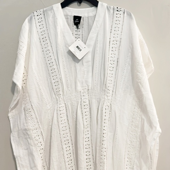 $159 NWT ECHO white eyelet caftan swim cover smocked women size XS-S - Picture 4 of 6